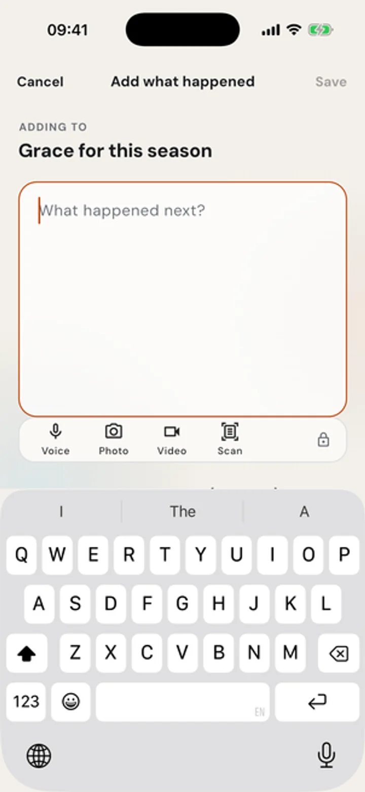 Thus Far light-mode editor with text, voice, photo, video, and scan options