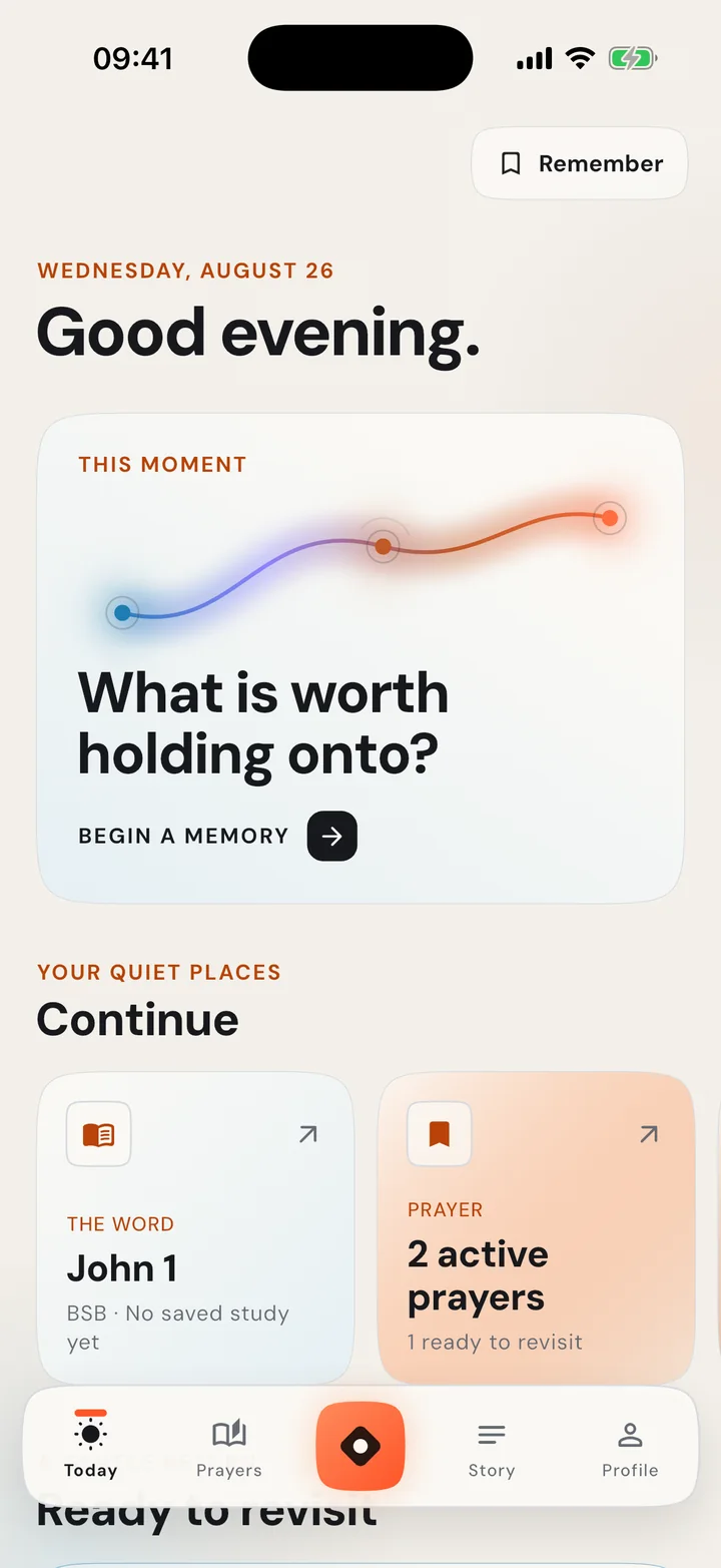 Thus Far Today screen in light mode with two active prayers and one ready to revisit